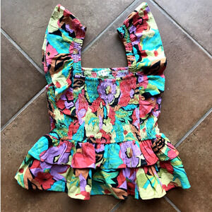 THML Bright Floral Ruffled Sleeve Smocked Bodice Peplum Pullover Top size L